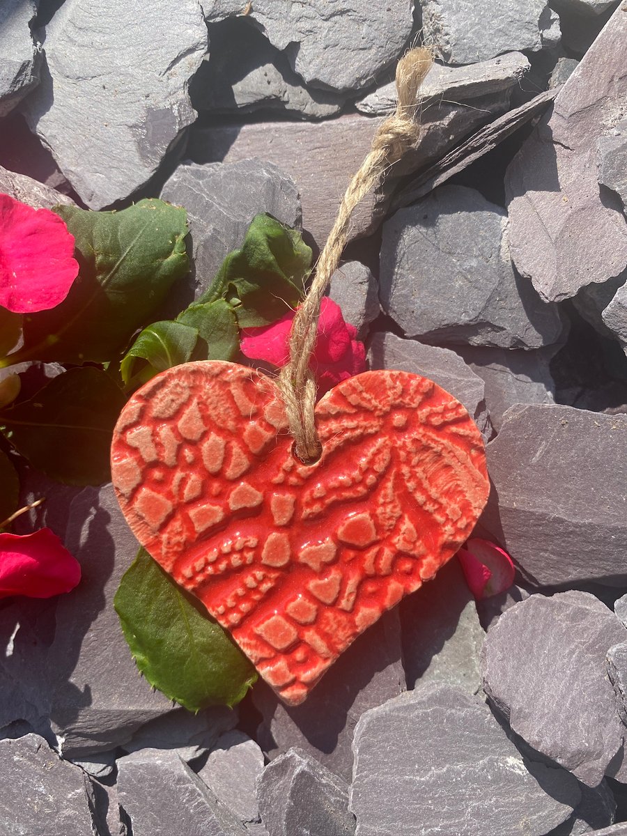 Christmas Red hanging pottery decorative heart  - free postage