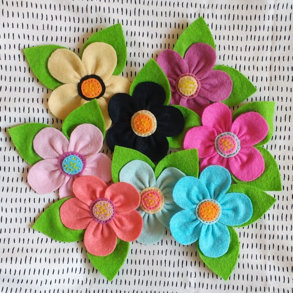 Each One Unique Hand Stitched Brooches, Felt Flowers in Beautiful Colours