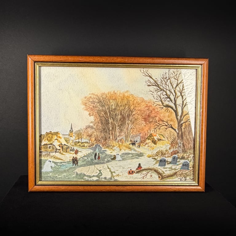 'The Cemetery' Upcycled Framed Watercolour Painting - Ghost Thrift Painting 