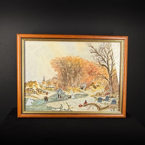 'The Cemetery' Upcycled Framed Watercolour Painting - Ghost Thrift Painting 