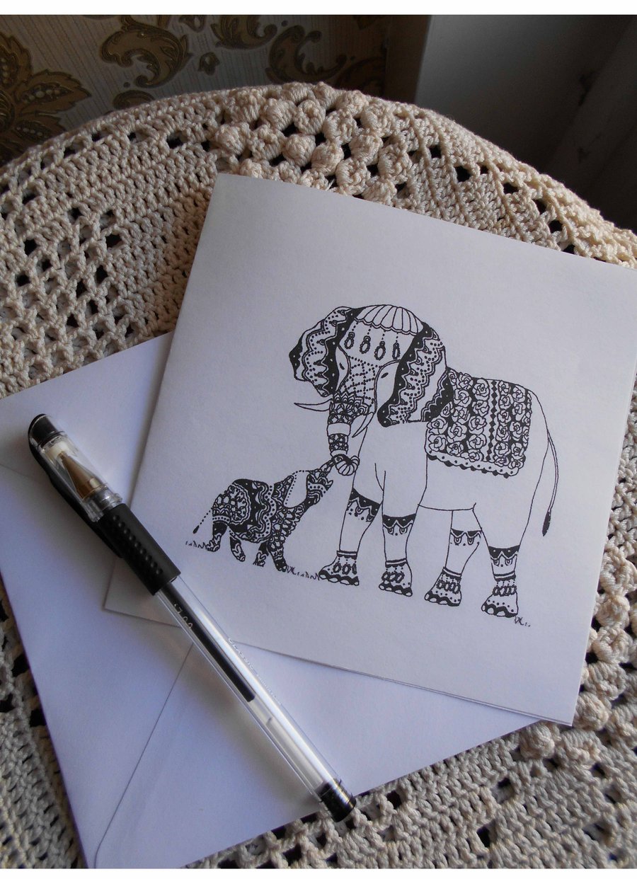 Mother and Baby Elephant Handdrawn Greeting Card