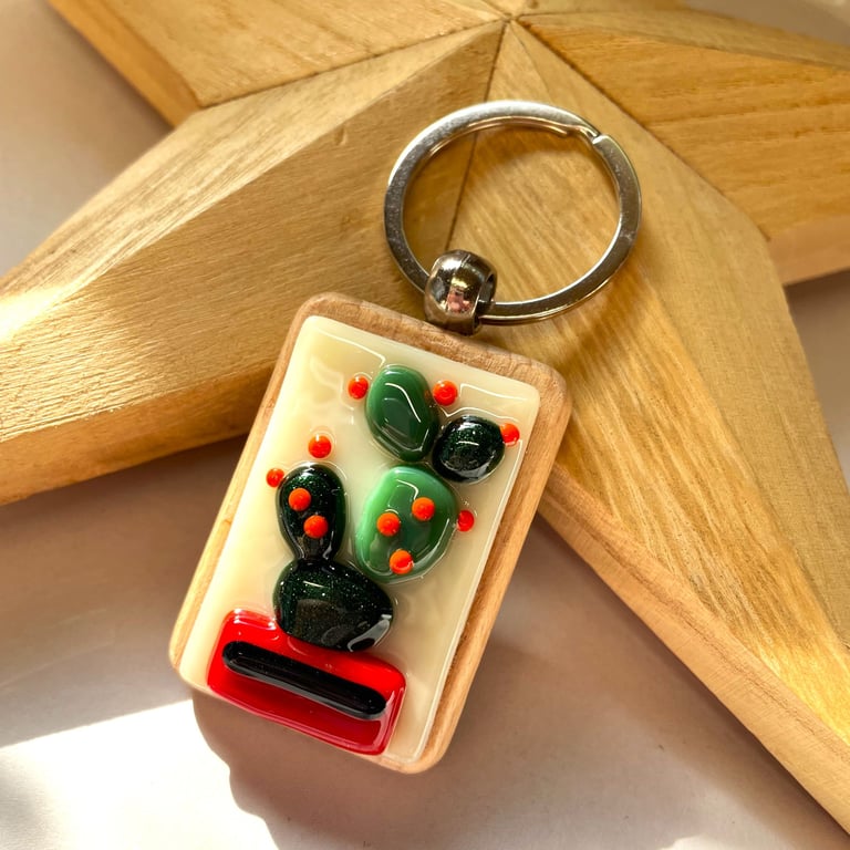 Flowering Cactus fused glass keyring  