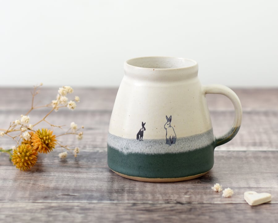 Handmade ceramic rabbit hare coffee tea mug glazed in green and cream