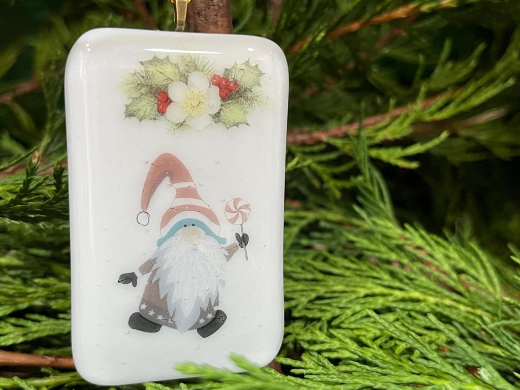 Handcrafted Christmas Cheery Santa Gnome Card with Artisan Fused Glass 