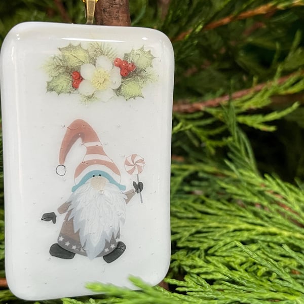 Handcrafted Christmas Cheery Santa Gnome Card with Artisan Fused Glass 