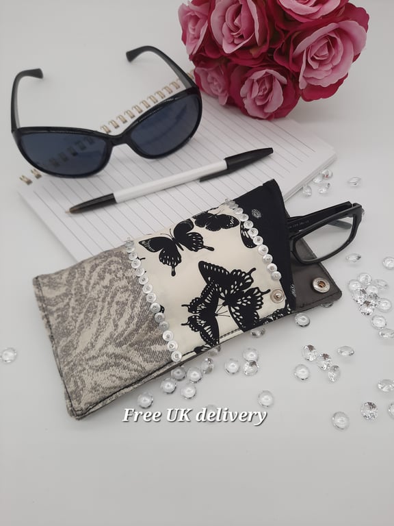 Glasses case butterfly patchwork black, cream and silver. 