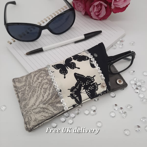 Glasses case butterfly patchwork black, cream and silver. 