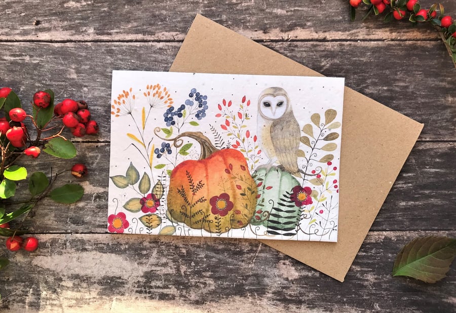 Plantable Seed Paper Birthday Card, Owl card, Autumn greeting card
