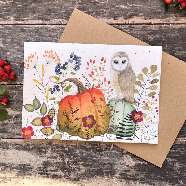 Plantable Seed Paper Birthday Card, Owl card, Autumn greeting card