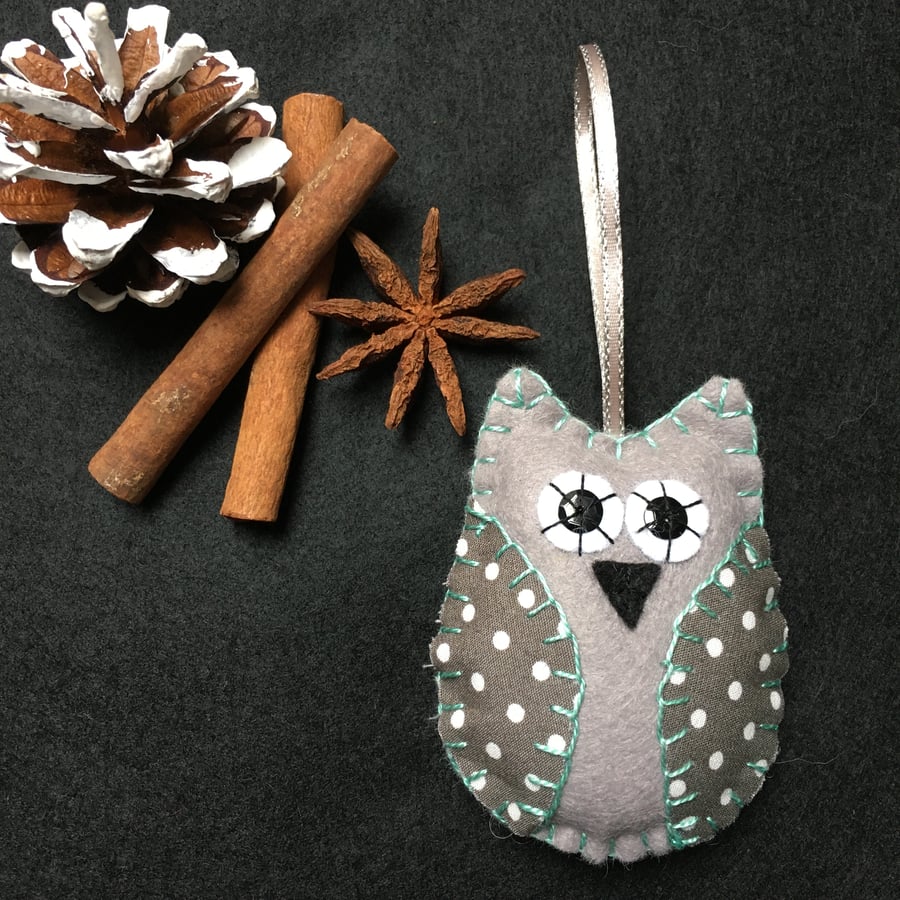 Grey spotted Christmas Owl Felt Ornament 