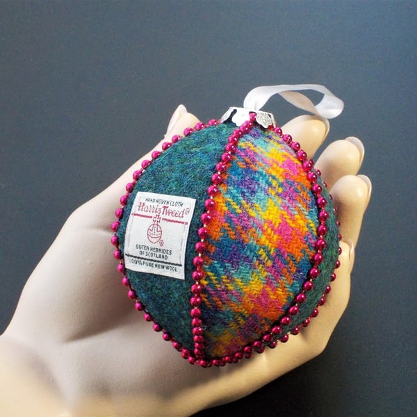 Harris tweed bauble Christmas tree decoration teal and multicolour ornament