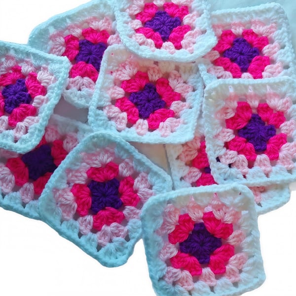 Handmade Crochet Granny Squares - Pastel Pink Purple Patchwork, 3-Inch