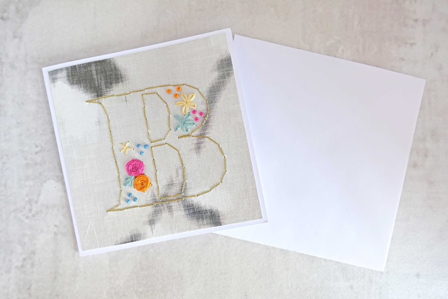 SALE Embroidered Alphabet Card, Initial B Card, Hand Stitched Letter Card