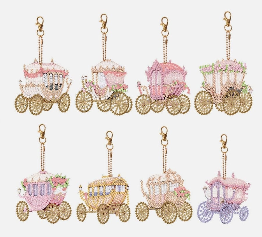 8pcs 5D DIY Cute Fairy tale Carriages Diamond Painting Kit Keyrings Keychains