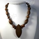Wooden Bead & Oval Pendant Necklace