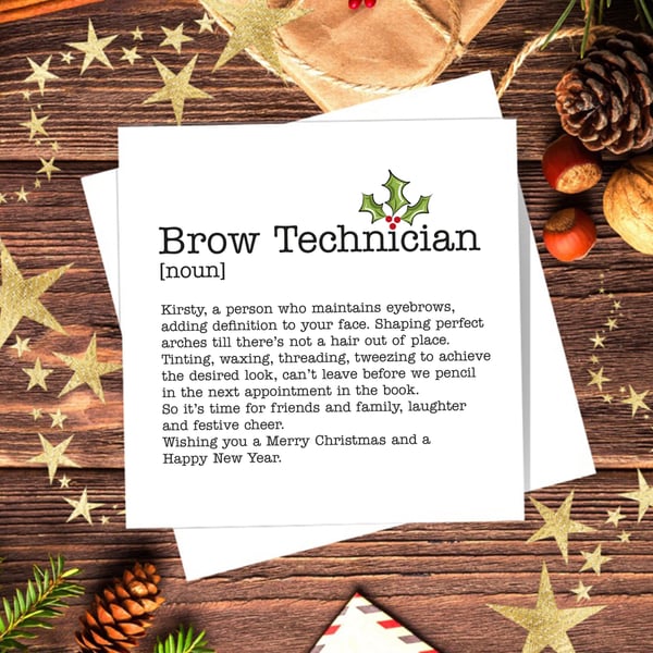 Brow Technician Definition Personalised Christmas Card - blank inside