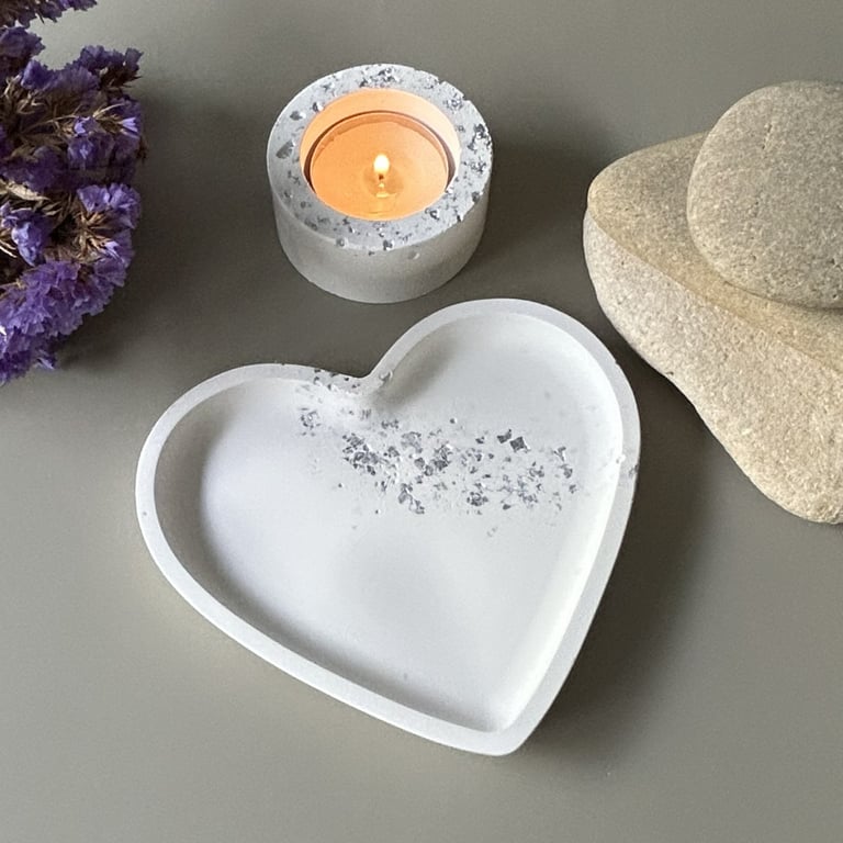 White Heart Shaped Tray with Silver Leaf and Rose Quartz