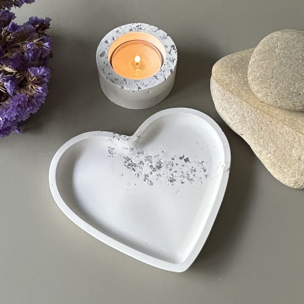 White Heart Shaped Tray with Silver Leaf and Rose Quartz