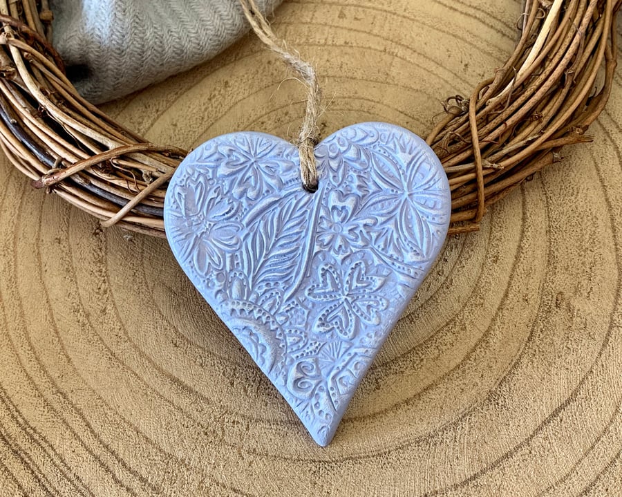 Lavender Lilac Floral Clay Hanging Heart Decoration