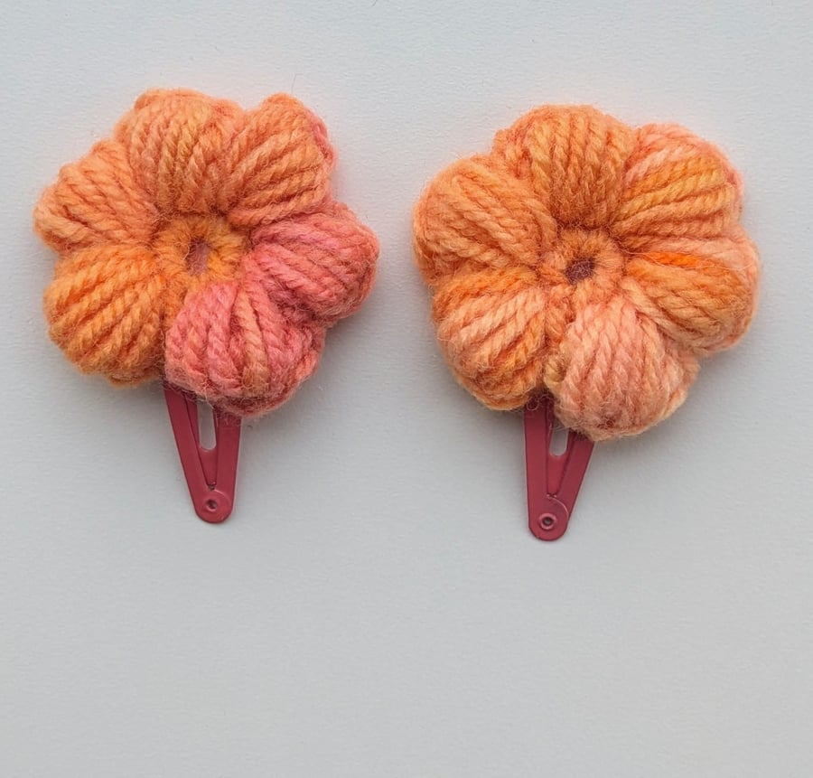 Pair of Orange Pink Crochet Flower Hair Clips 