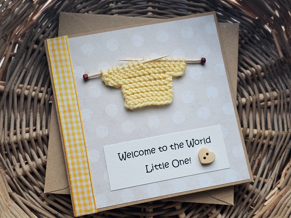 Yellow Welcome to the World New Baby Card with Small Knitted Jumper Size 5" x 5"