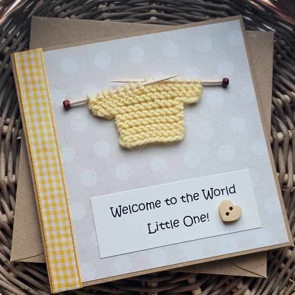 Yellow Welcome to the World New Baby Card with Small Knitted Jumper Size 5" x 5"