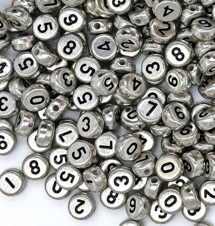 Silver Acrylic Numbers Beads, Flat Round 7x4mm mixed 0-9, DIY Jewellery Making