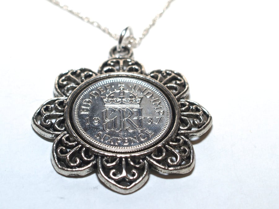 Floral Pendant 1937 Lucky sixpence 84th Birthday plus Sterling Silver 18in Chain