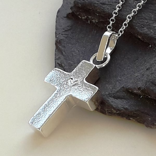 Cross Necklace Sterling Silver Lightly textured Heart stamp detail