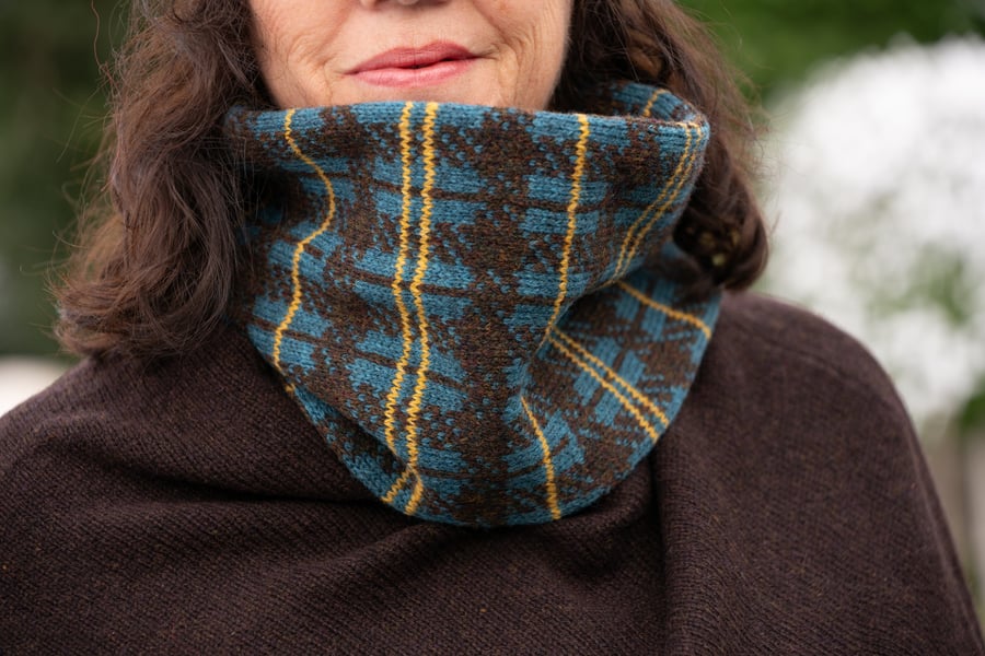 Womens plaid cowl. Tartan snood. Knitted ready to post. Teal accessories. 