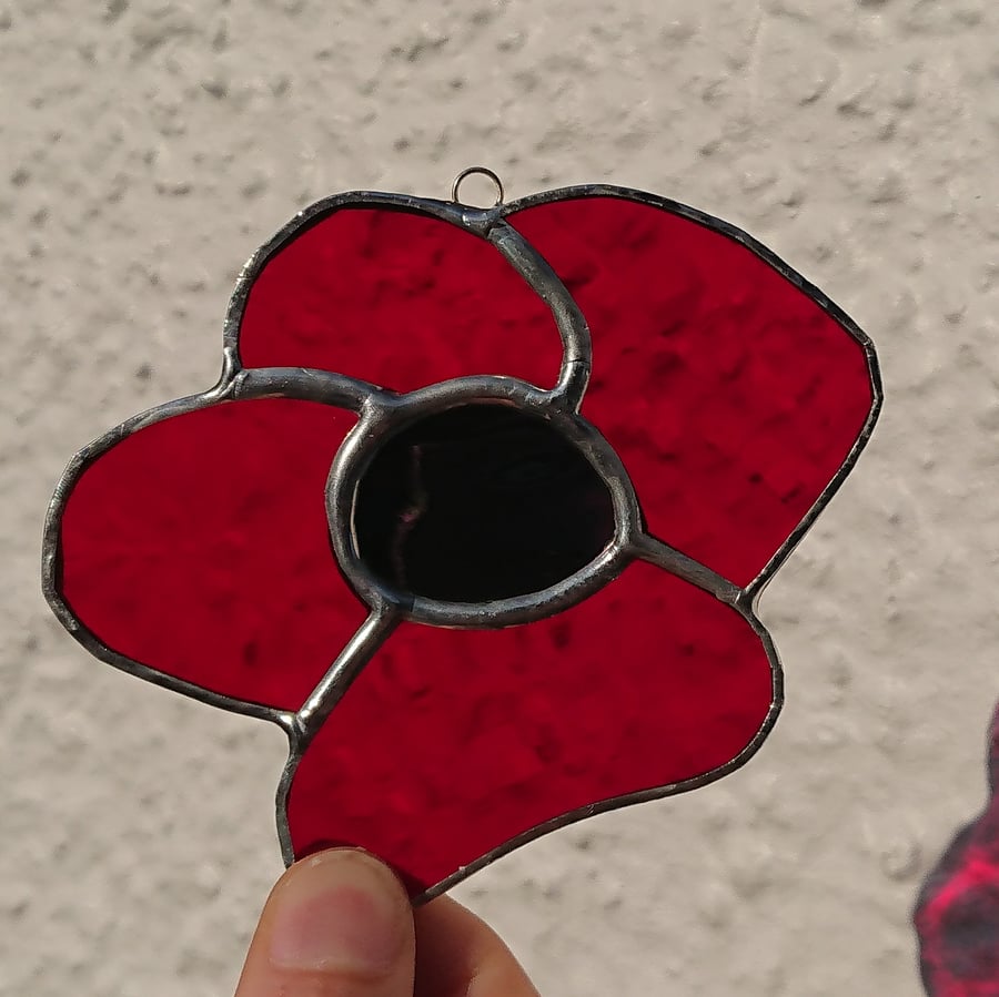 Stained glass Poppy ruby red flower copperfoil suncatcher