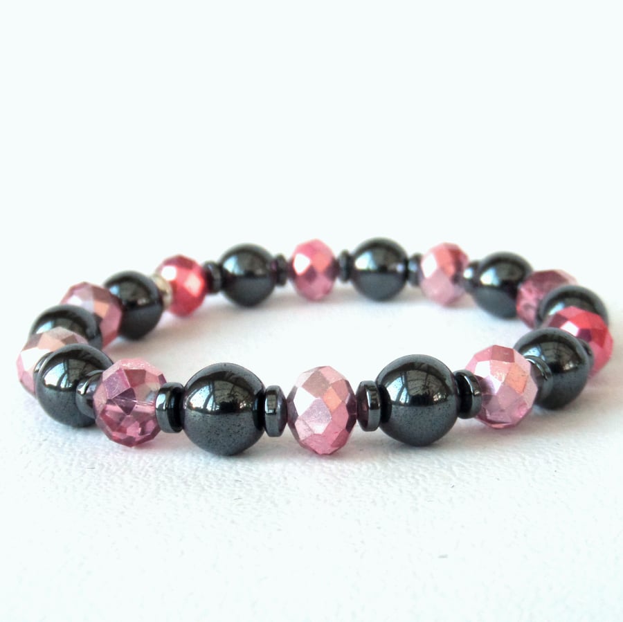 Hematite and pink crystal stretchy bracelet