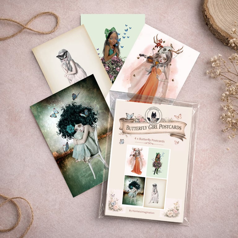 Butterfly Girl Art Postcards: Whimsical Collection (Set of 4)