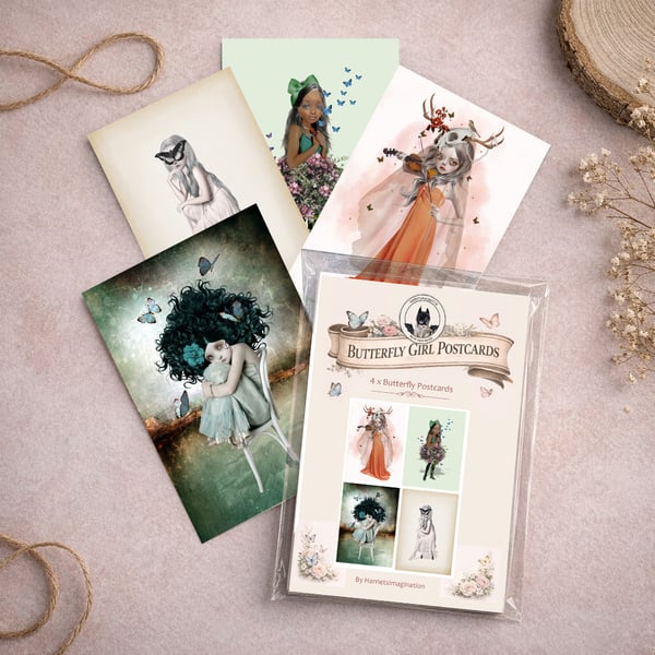 Butterfly Girl Art Postcards: Whimsical Collection (Set of 4)