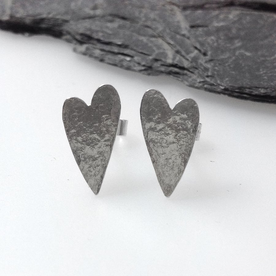 Sterling silver textured heart stud earrings