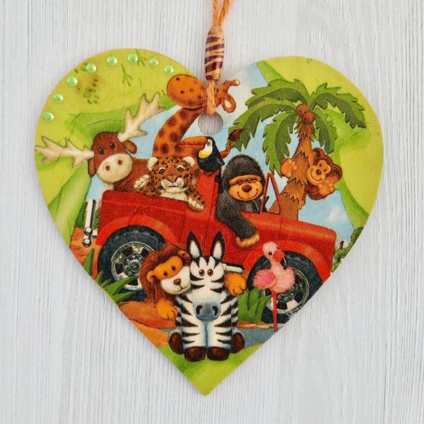 Decoupaged Wooden Hanging Heart 15cm (6”) Toy Safari design