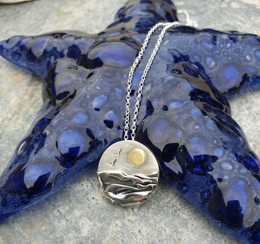 Silver beach, sea mountain coast pendant, with brass sun and seagulls