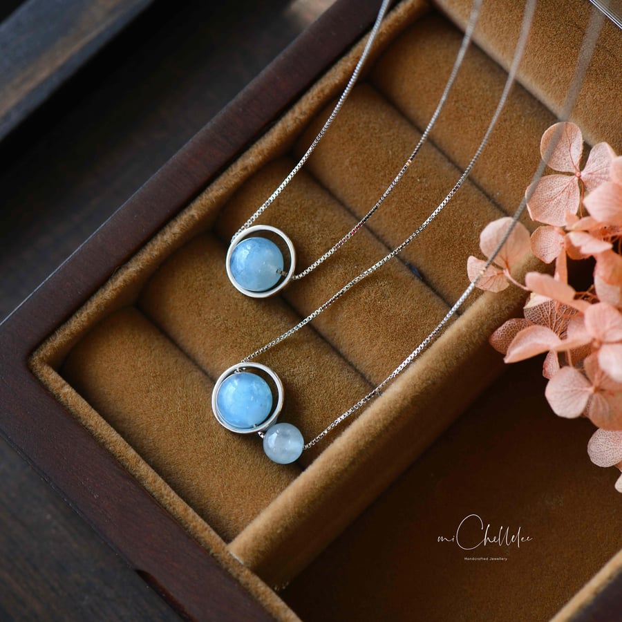 Aquamarine Ball Pendant Necklace With 925 Sterling Silver Chain