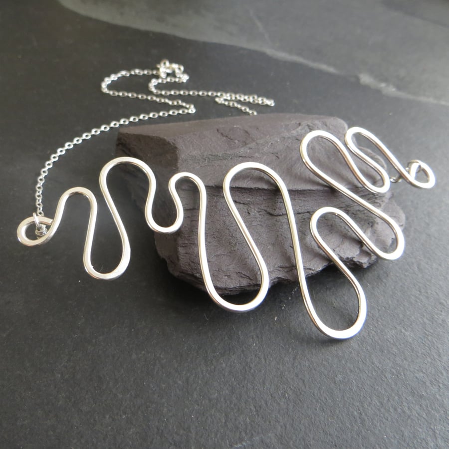 Sterling Silver Wave Necklace, Statement necklace, Gift for beach lover