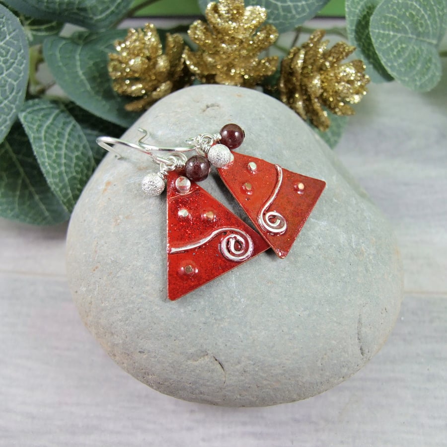 Christmas Earrings, Sterling Silver and Copper with Red Enamel