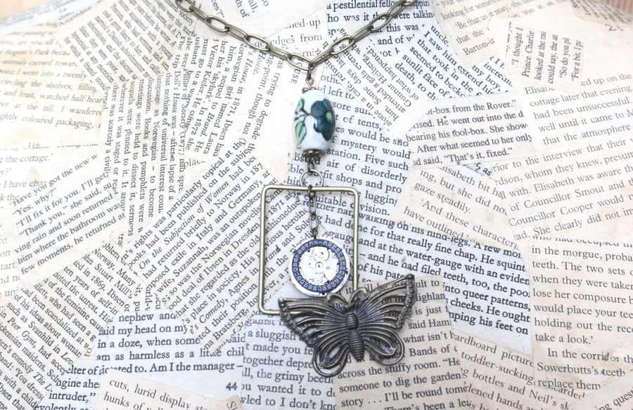 Steampunk Inspired Ceramic Bead Butterfly Frame Necklace - Perfectly Imperfect