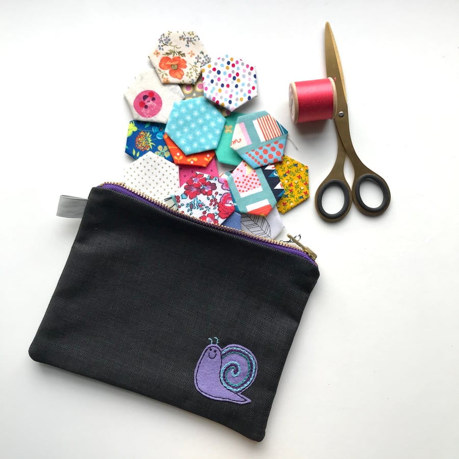 Denim Zipped Project Bag Useful Pouch with Hand Embroidered Snail 