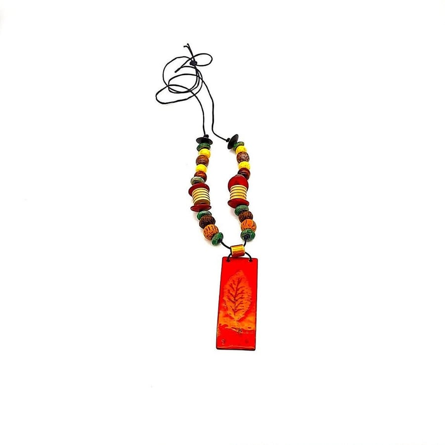 Enamel Leaf Pendant Necklace Wooden Beads, Boho Hippie Style