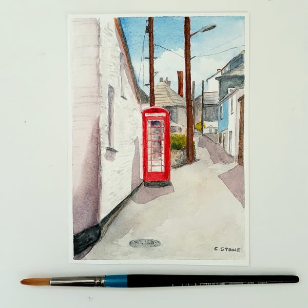 Classic Phone Box at Port Isaac Cornwall, small original watercolour painting