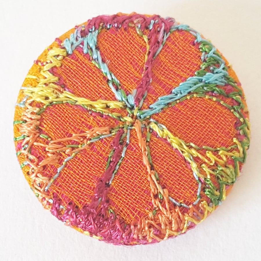 One Inch Badge Hand Dyed Silks & Cottons Free Machine Embroidery 