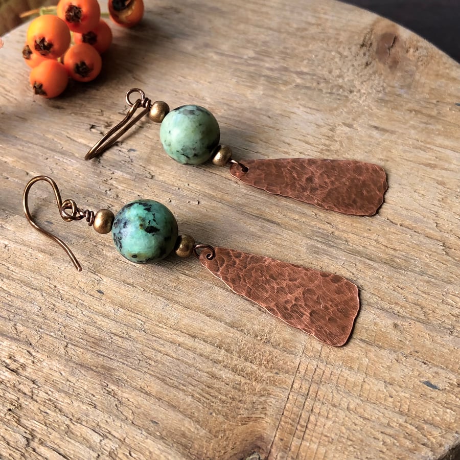 Copper & African Turquoise Boho Earrings. Bohemian Autumn Earrings