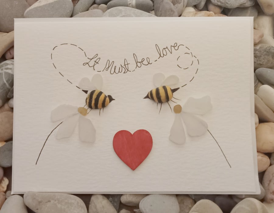 It must bee love, Valentines day pebble art card