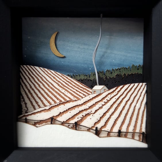 Winter Fields Picture, Miniature Diorama, Cottage Picture, Winter Landscape