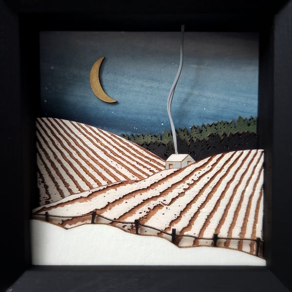 Winter Fields Picture, Miniature Diorama, Cottage Picture, Winter Landscape