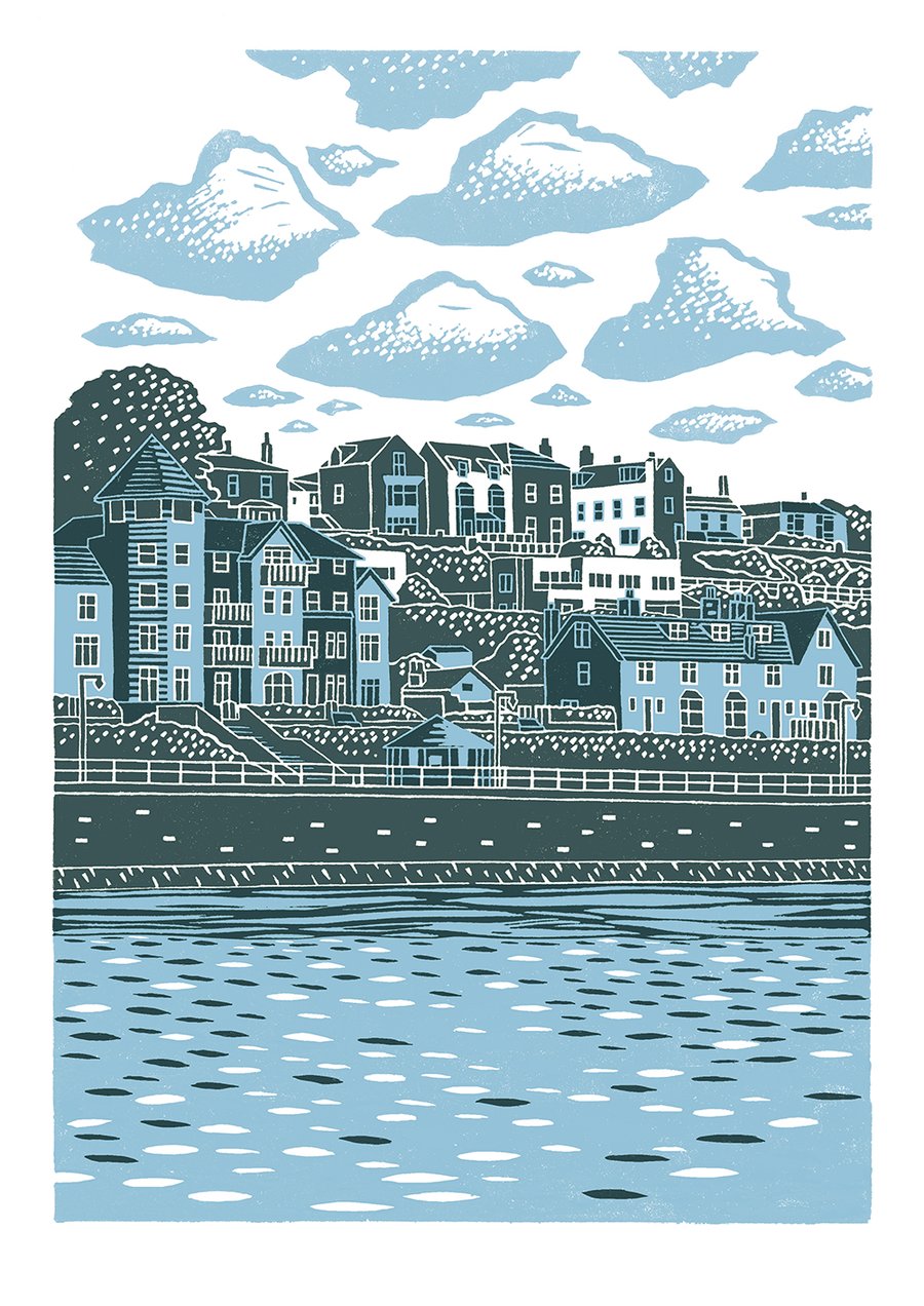 Filey A3 poster-print (dark grey and light blue)